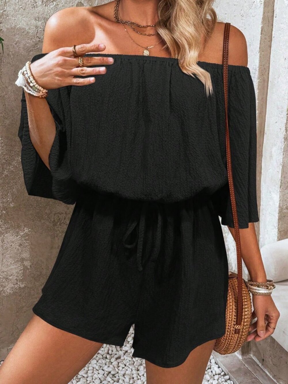 Black Holiday Women's Off Shoulder Flare Sleeves Loose Casual Romper